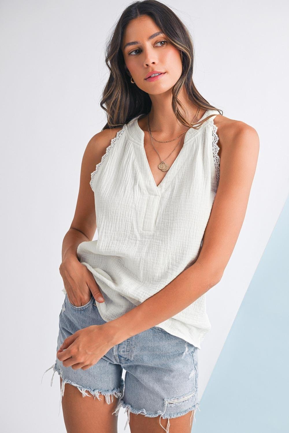 Sleeveless Tops | Women White V Neck Lace Trim Crinkled Sleeveless Top