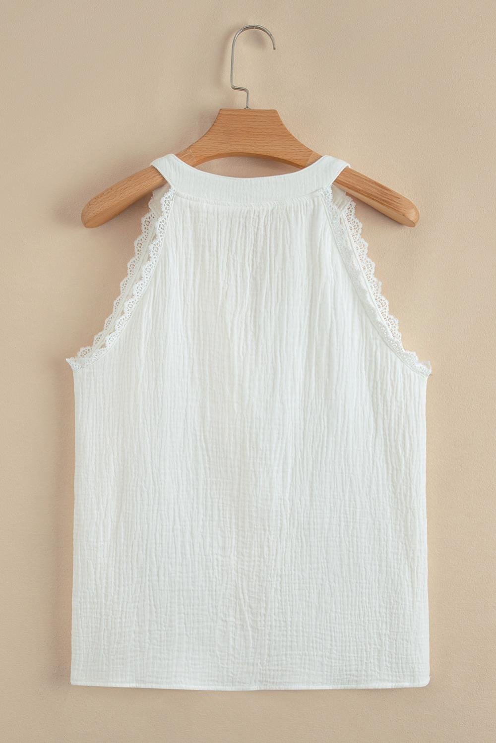 Sleeveless Tops | Women White V Neck Lace Trim Crinkled Sleeveless Top