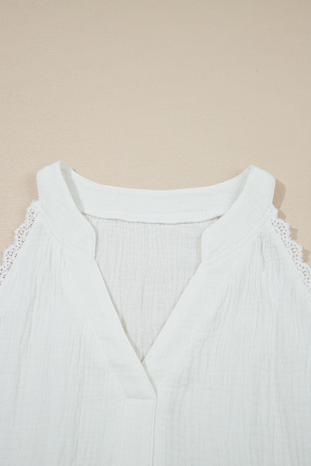 Sleeveless Tops | Women White V Neck Lace Trim Crinkled Sleeveless Top