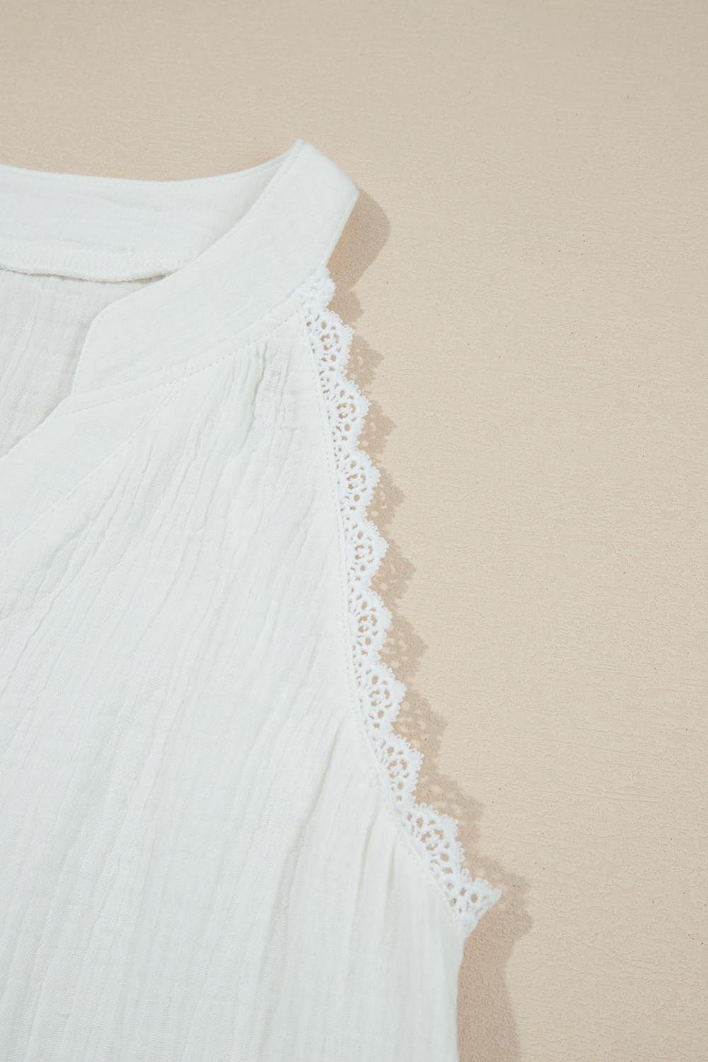 Sleeveless Tops | Women White V Neck Lace Trim Crinkled Sleeveless Top