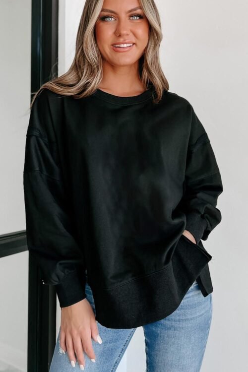 Sweatshirts & Hoodies | Women Black Exposed Seam Drop Shoulder Side Slit Sweatshirt