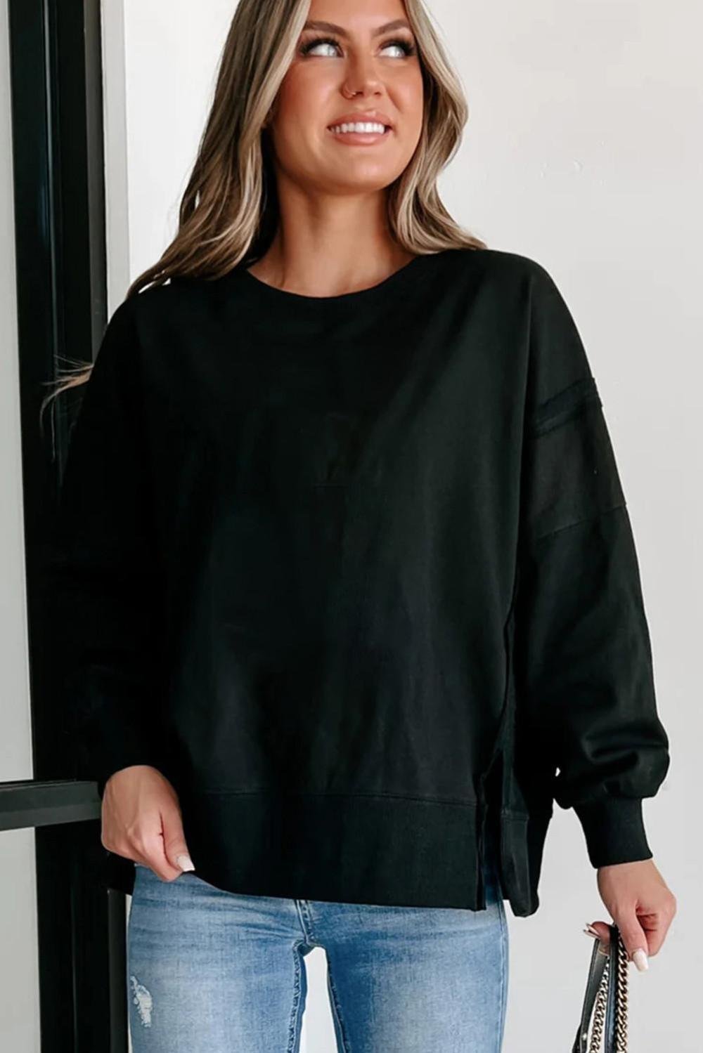 Sweatshirts & Hoodies | Women Black Exposed Seam Drop Shoulder Side Slit Sweatshirt