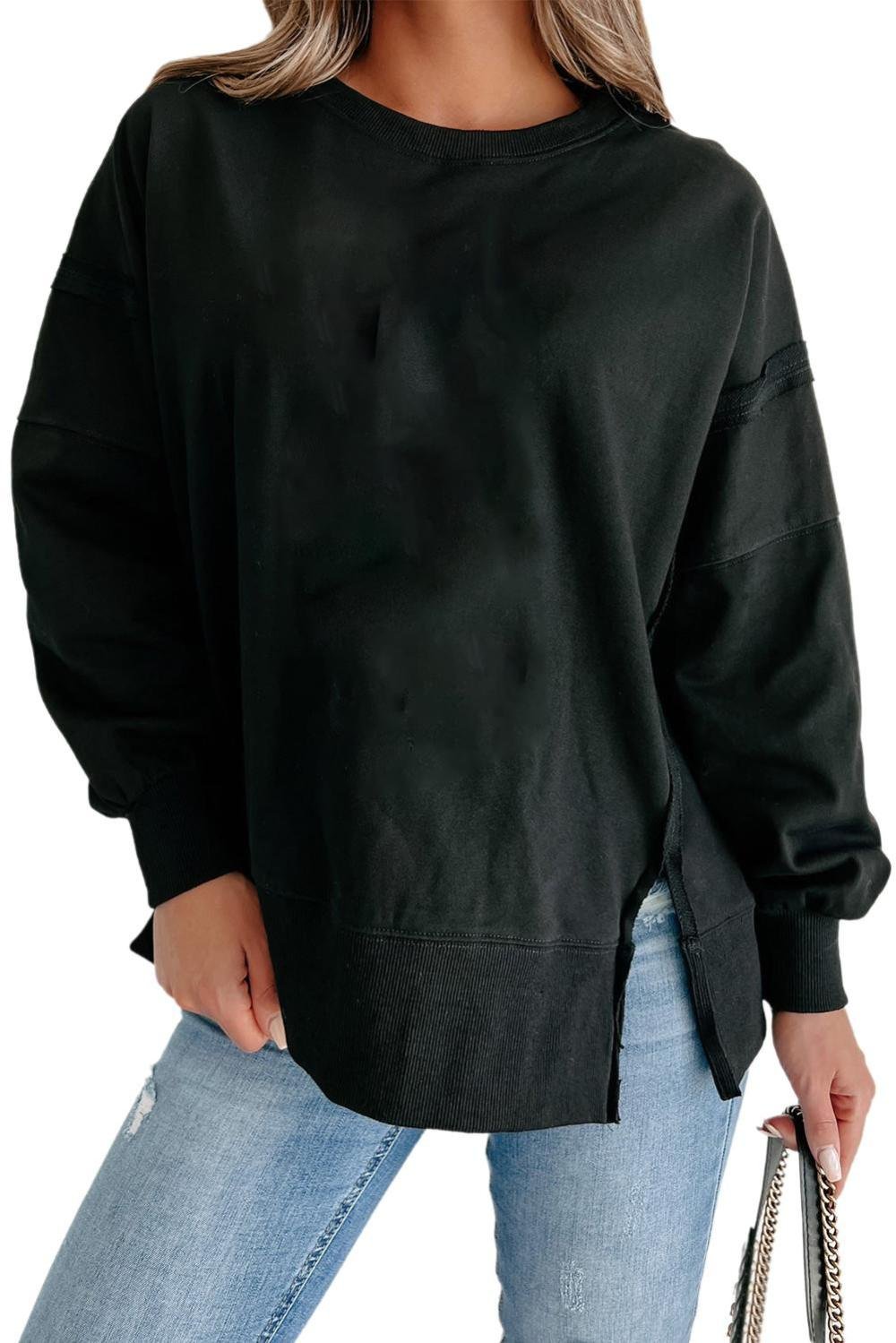 Sweatshirts & Hoodies | Women Black Exposed Seam Drop Shoulder Side Slit Sweatshirt