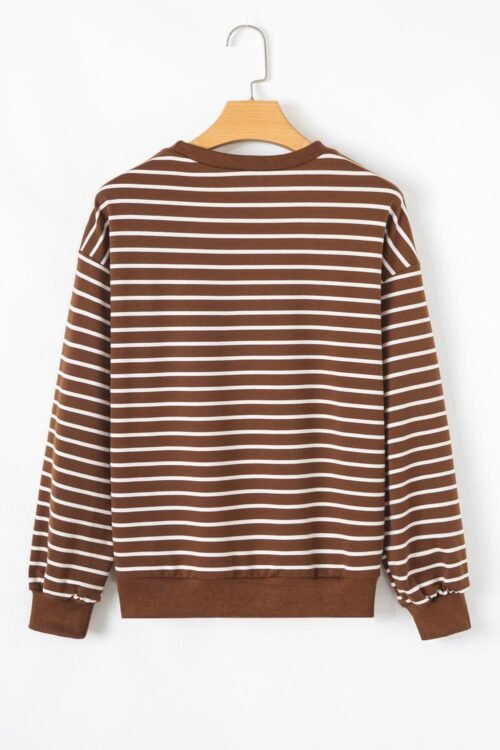 Sweatshirts & Hoodies | Women Coffee Striped Long Sleeve Round Neck Loose Fit Sweatshirt