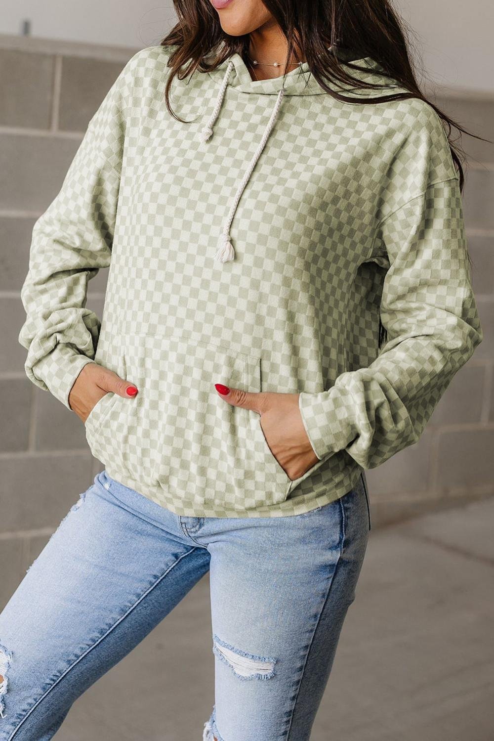 Sweatshirts & Hoodies | Women Green Checkered Kangaroo Pocket Hoodie