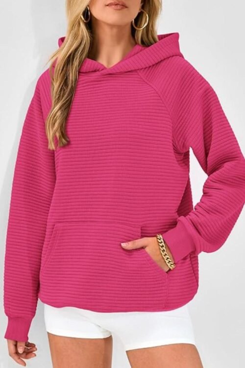 Sweatshirts & Hoodies | Women Rose Red Kangaroo Pocket Plain Textured Hoodie