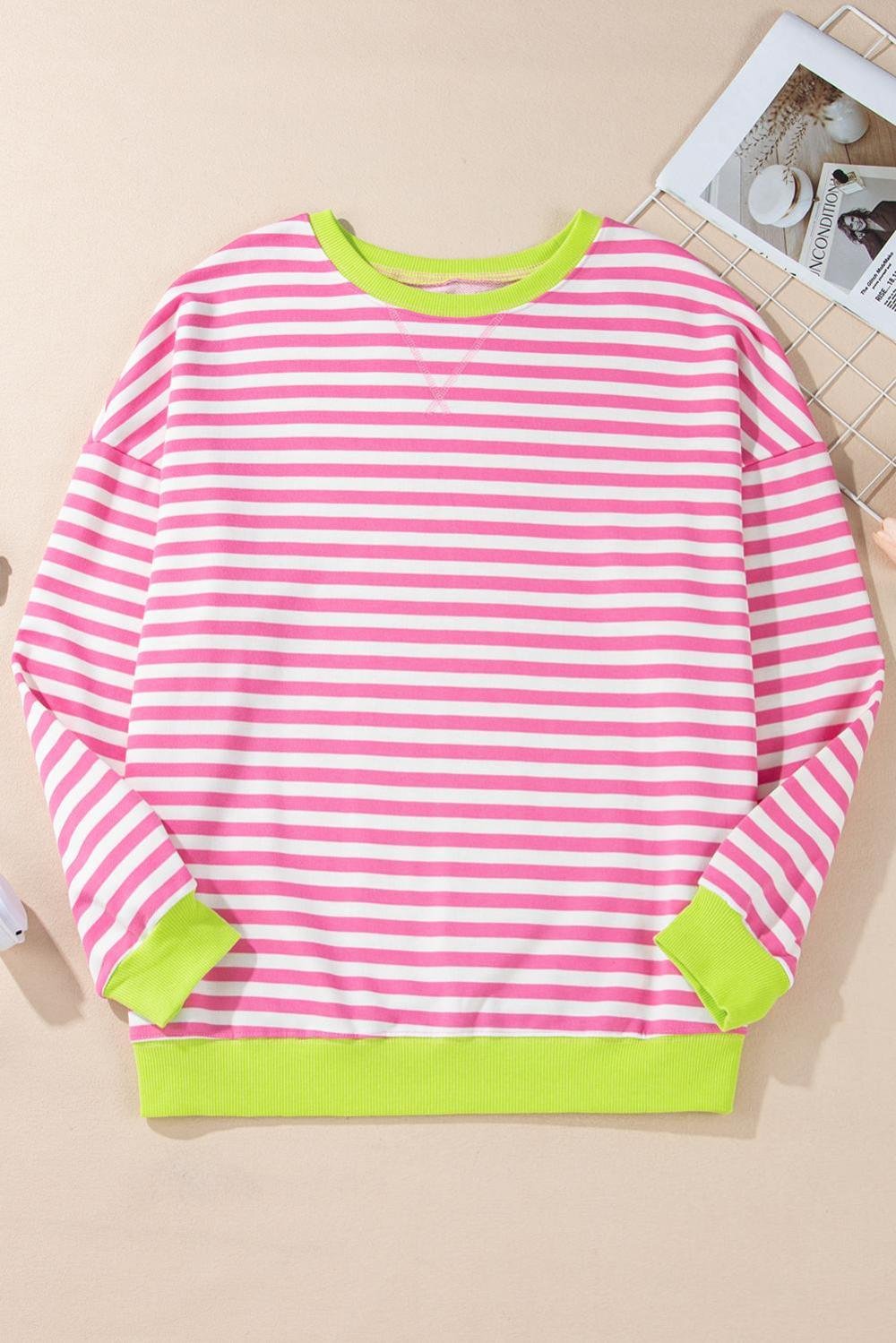 Sweatshirts & Hoodies | Women Rose Red Striped Contrast Trim Drop Shoulder Sweatshirt
