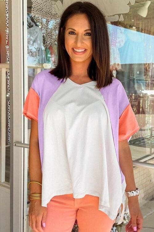 T Shirts | Women Beige Colorblock Patchwork V Neck Exposed Seam High Low T Shirt