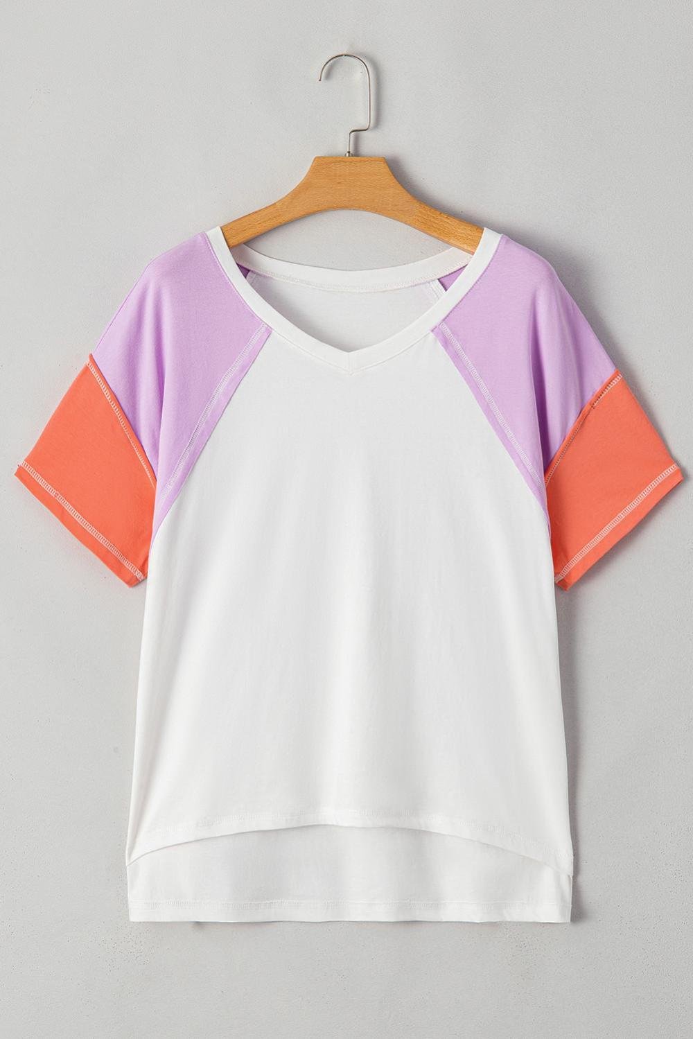 T Shirts | Women Beige Colorblock Patchwork V Neck Exposed Seam High Low T Shirt