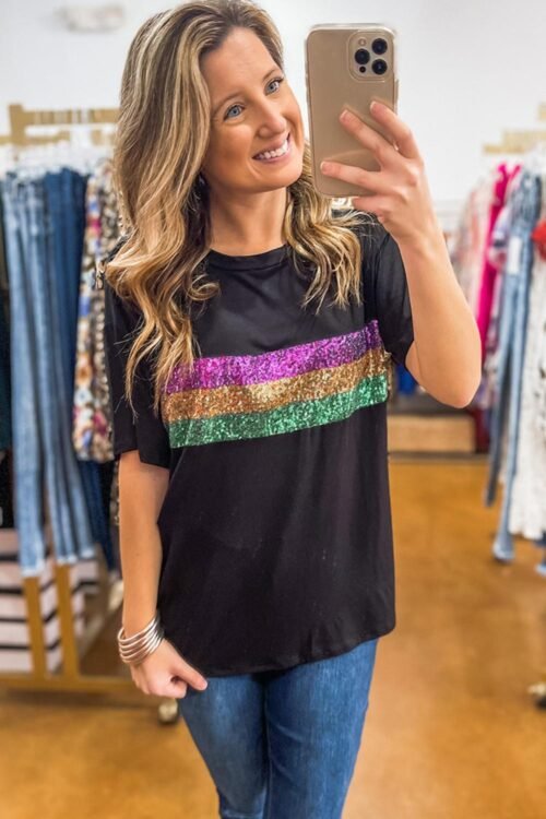 T Shirts | Women Black Colorblock Sequin Mardi Gras Crewneck T Shirt