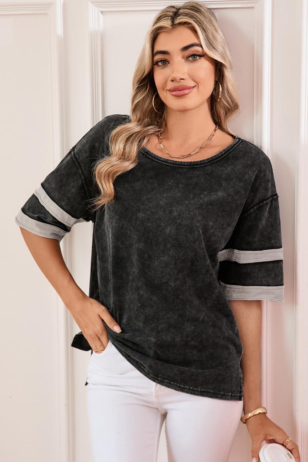 T Shirts | Women Black Vintage Stripe Sleeve Cotton T-Shirt