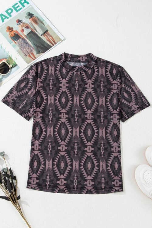 T Shirts | Women Brown Geometric Print Mock Neck Short Sleeve Mesh T Shirt