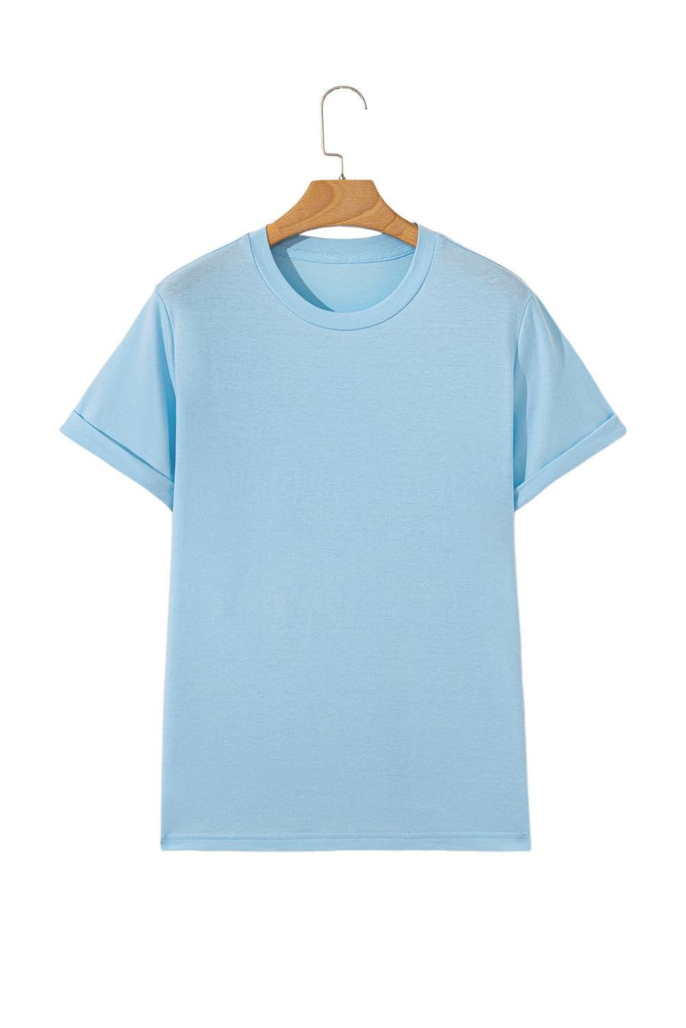 T Shirts | Women Light Blue Solid Color Basic Crew Neck Tee