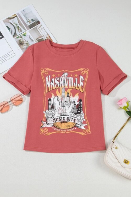 T Shirts | Women Mineral Red Nashville Music City Graphic Retro Fashion Tee