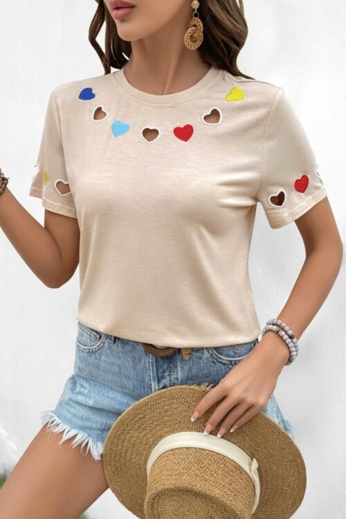T Shirts | Women Parchment Heart Cutout Round Neck T Shirt