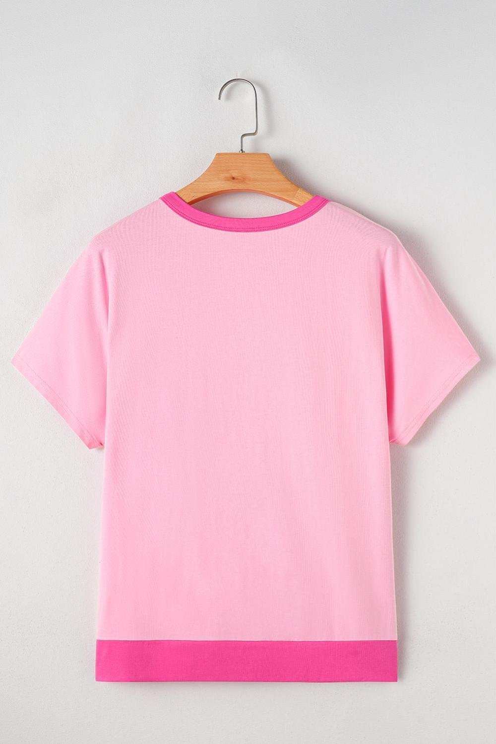 T Shirts | Women Pink Colorblock Half Buttons Henley T Shirt