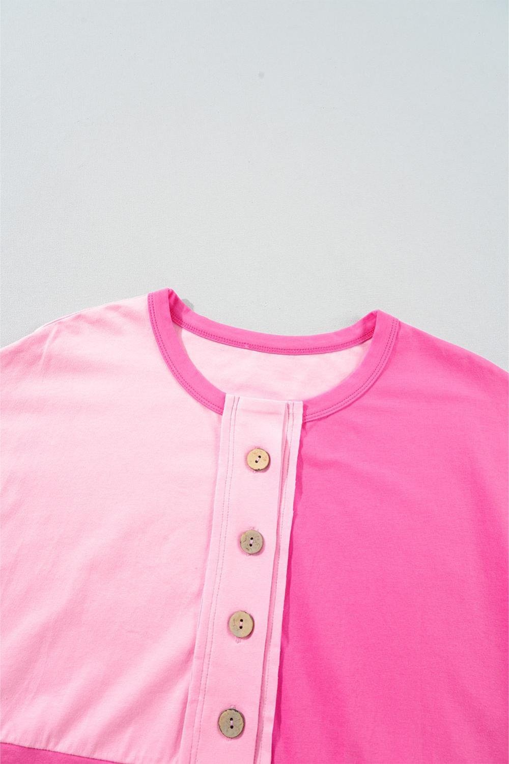 T Shirts | Women Pink Colorblock Half Buttons Henley T Shirt