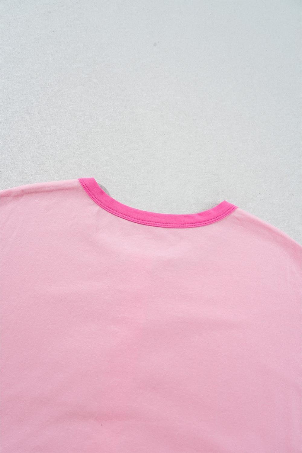 T Shirts | Women Pink Colorblock Half Buttons Henley T Shirt