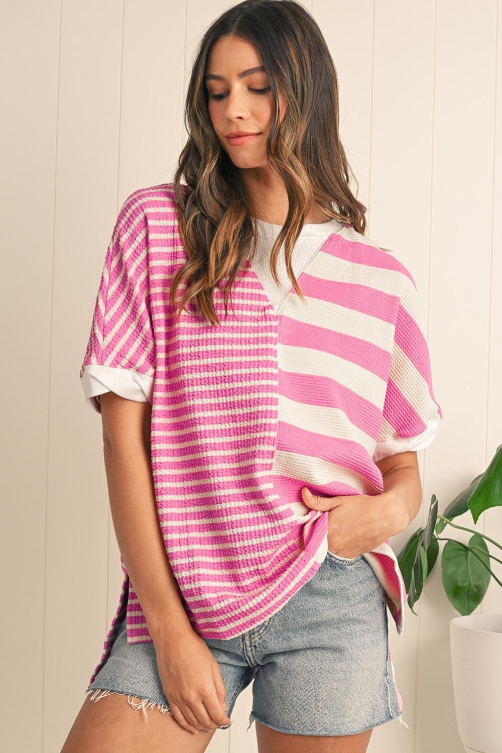 T Shirts | Women Pink Stripe Waffle Patchwork Short Sleeve High Low Loose T Shirt