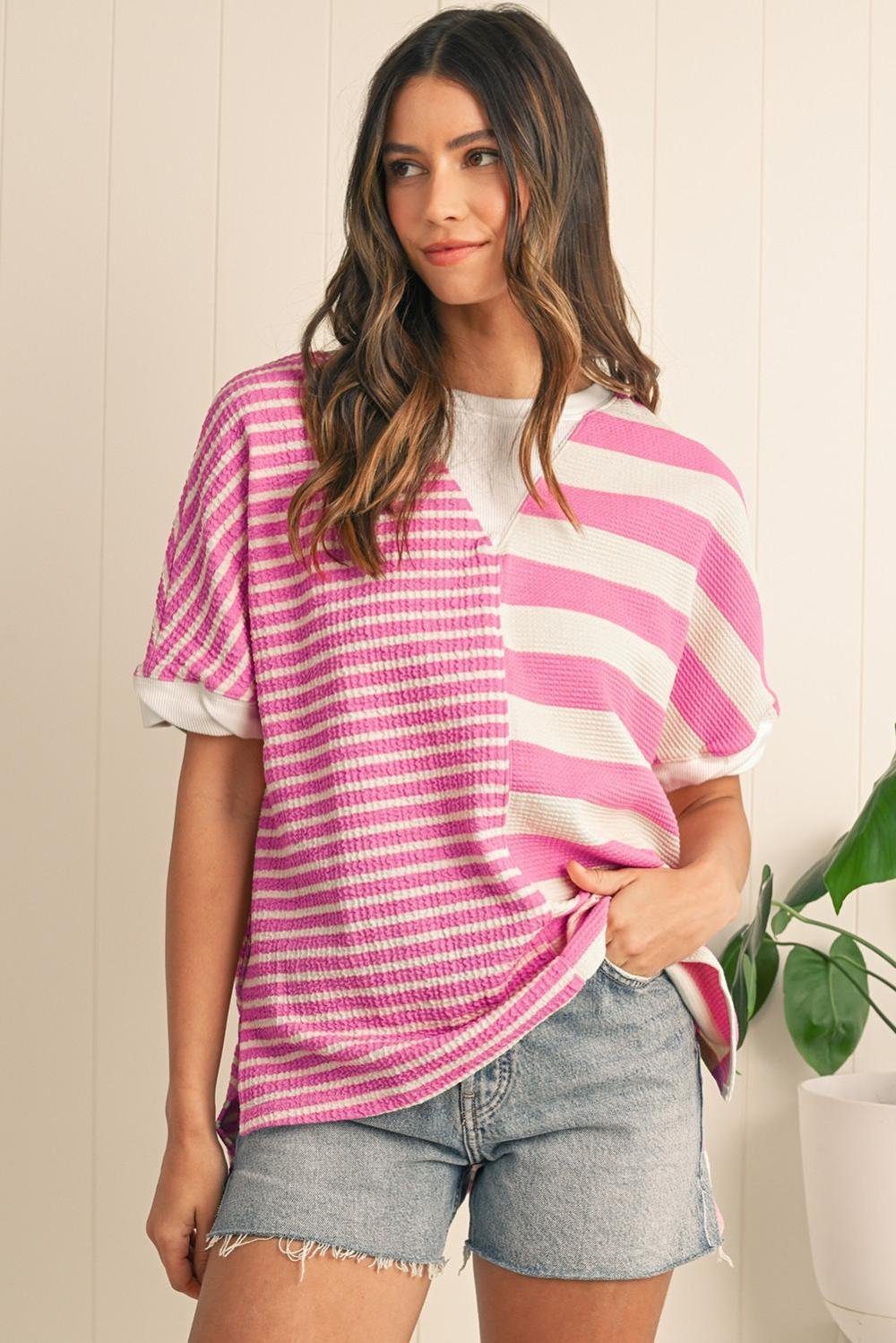 T Shirts | Women Pink Stripe Waffle Patchwork Short Sleeve High Low Loose T Shirt