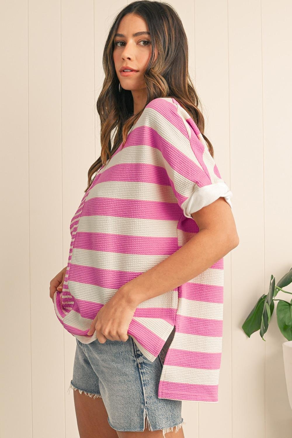 T Shirts | Women Pink Stripe Waffle Patchwork Short Sleeve High Low Loose T Shirt