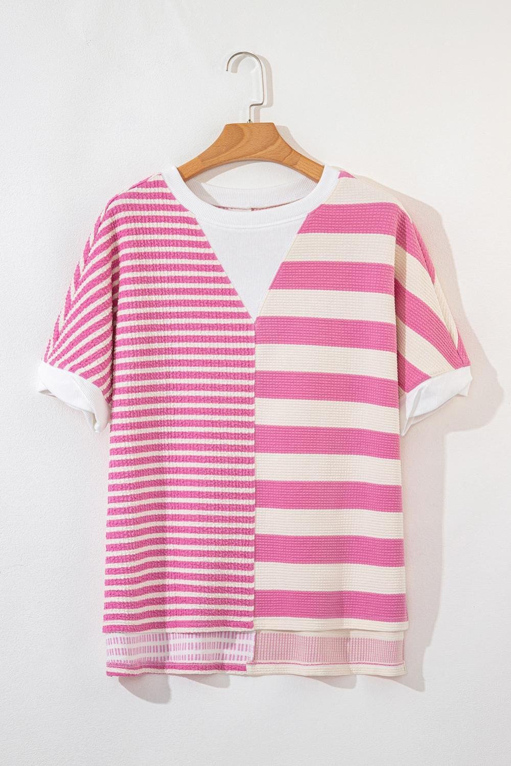 T Shirts | Women Pink Stripe Waffle Patchwork Short Sleeve High Low Loose T Shirt