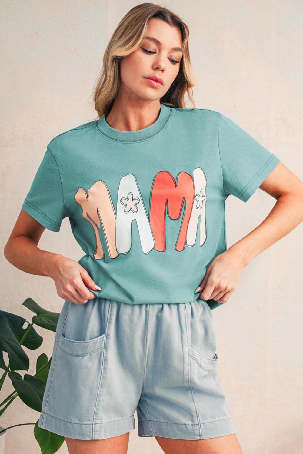 T Shirts | Women Sea Green Floral Mama Print Crewneck T Shirt