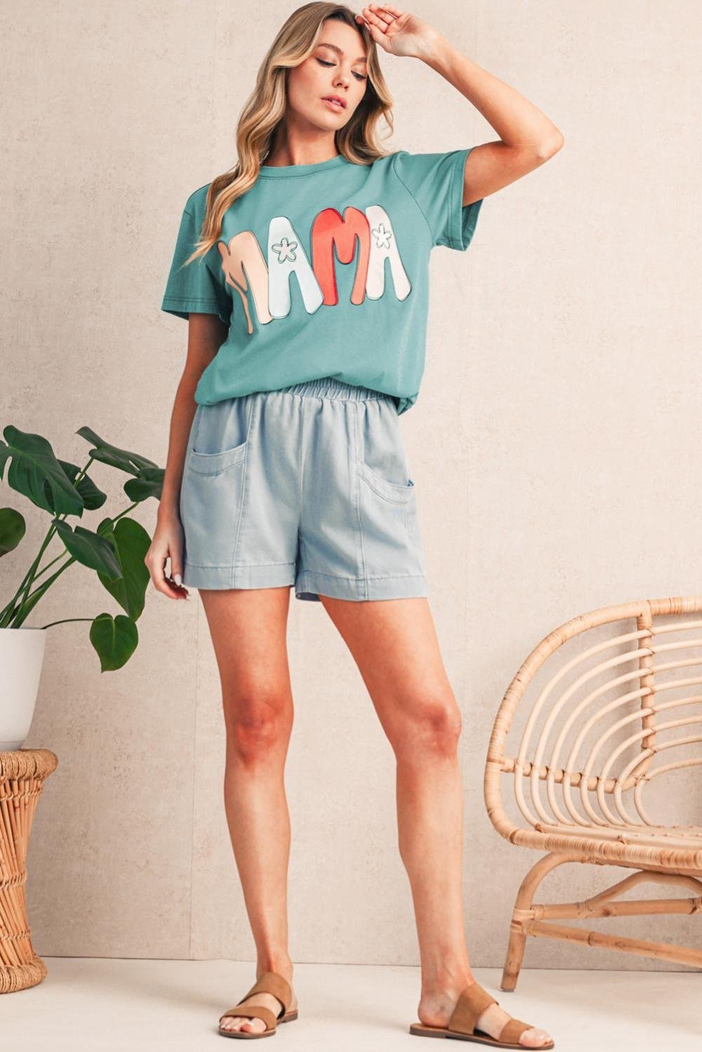 T Shirts | Women Sea Green Floral Mama Print Crewneck T Shirt