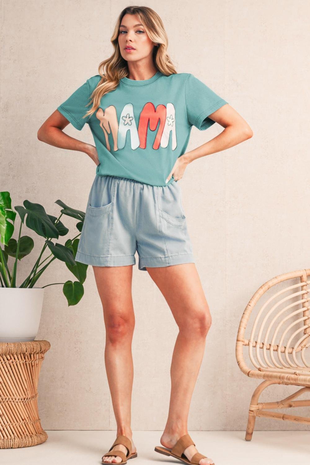 T Shirts | Women Sea Green Floral Mama Print Crewneck T Shirt