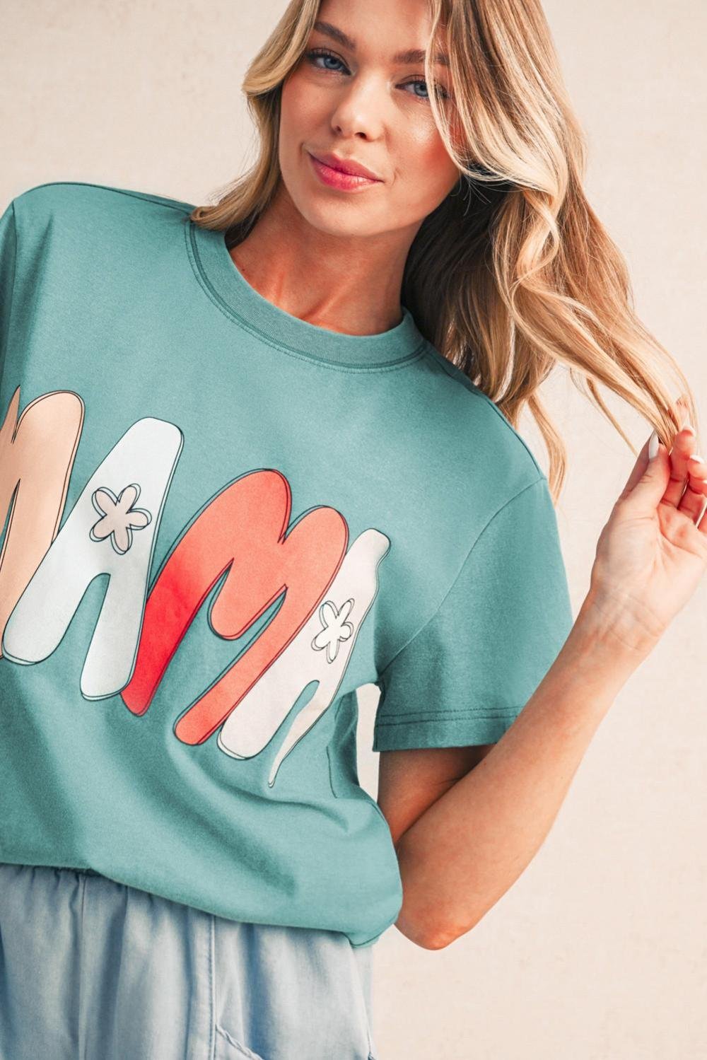 T Shirts | Women Sea Green Floral Mama Print Crewneck T Shirt