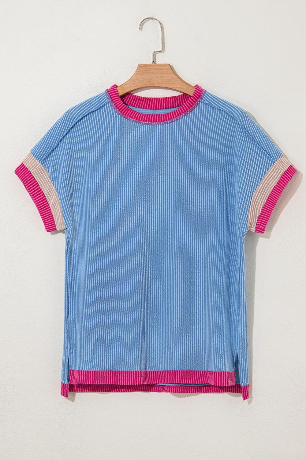T Shirts | Women Sky Blue Textured Colorblock Round Neck T Shirt