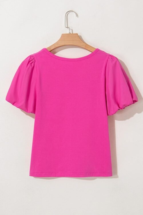 T Shirts | Women Strawberry Pink Casual Round Neck Bubble Sleeve T-Shirt