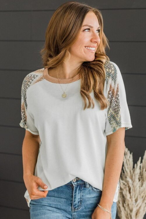 T Shirts | Women White Chevron Patchwork Raglan Sleeve Corded T Shirt