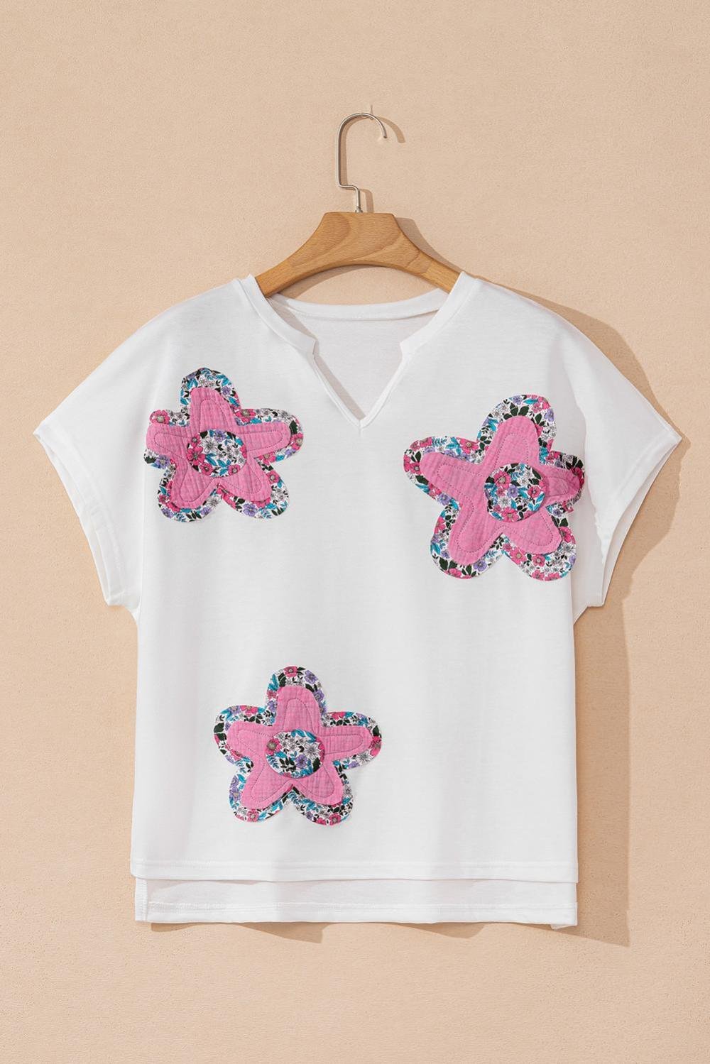 T Shirts | Women White Cute Floral Patch V-Neck Short Sleeve T-Shirt