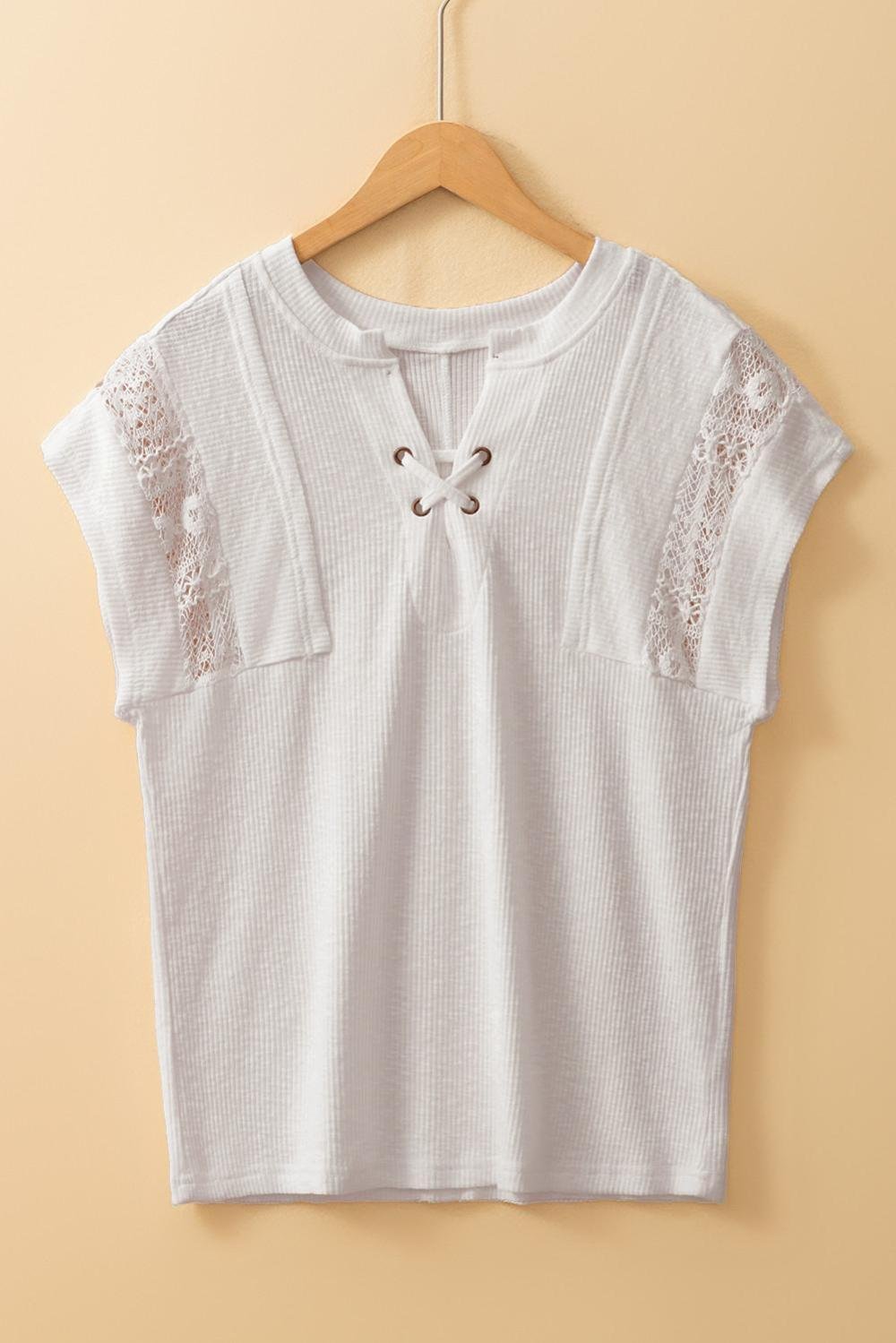 T Shirts | Women White Ribbed Texture Lace Patchwork Short Sleeve Top