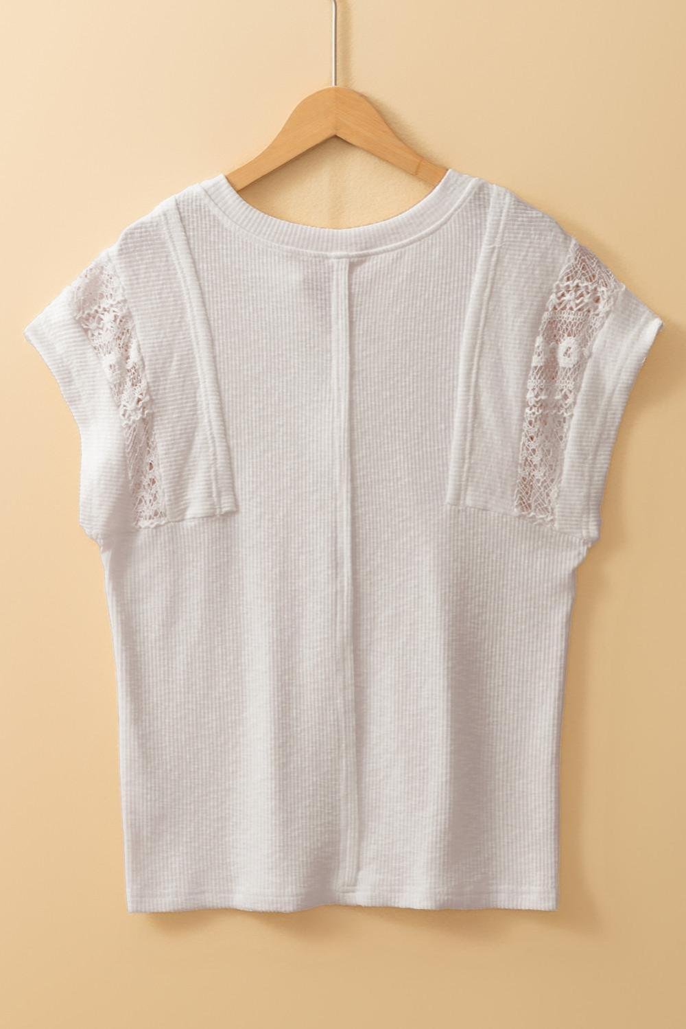 T Shirts | Women White Ribbed Texture Lace Patchwork Short Sleeve Top