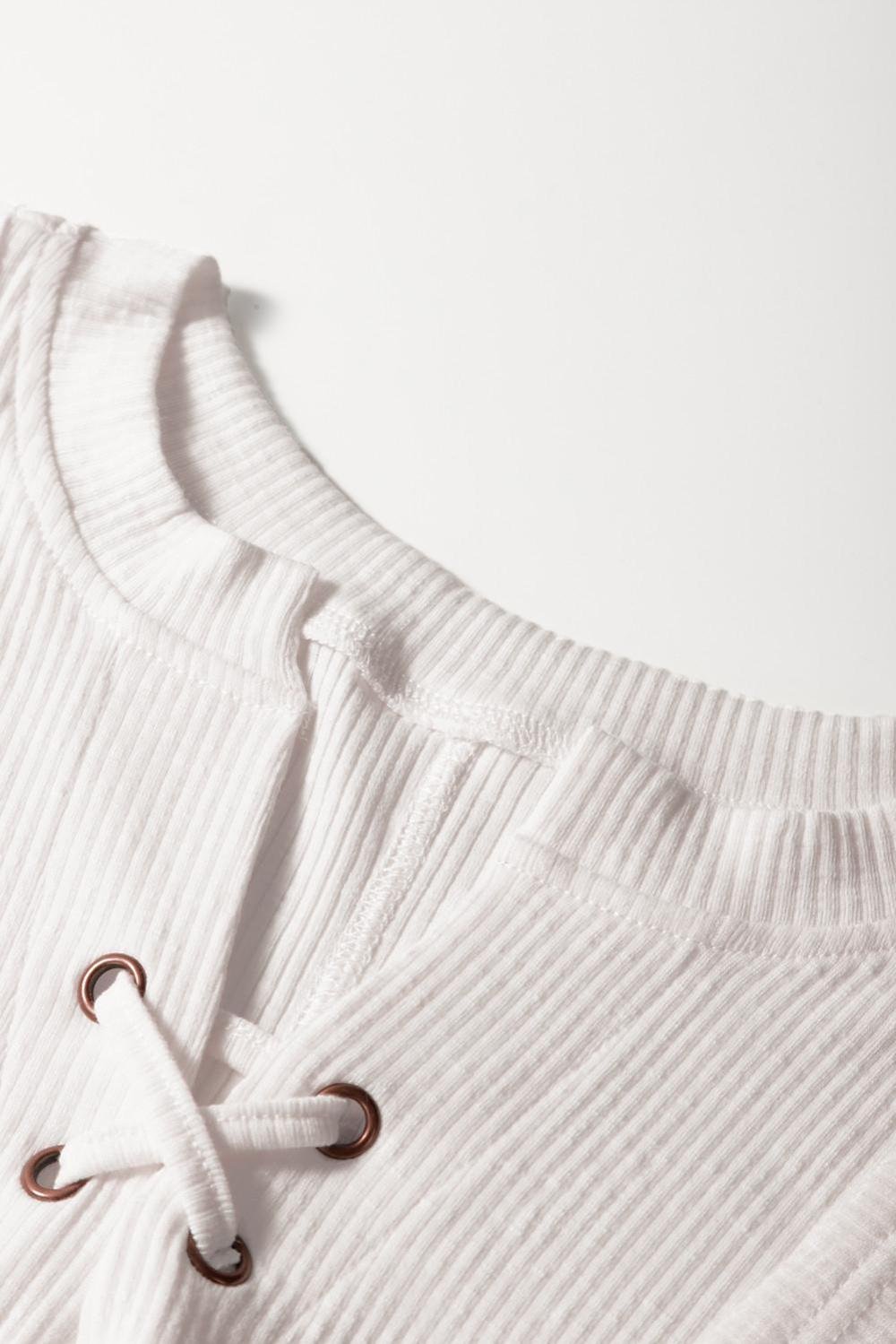 T Shirts | Women White Ribbed Texture Lace Patchwork Short Sleeve Top