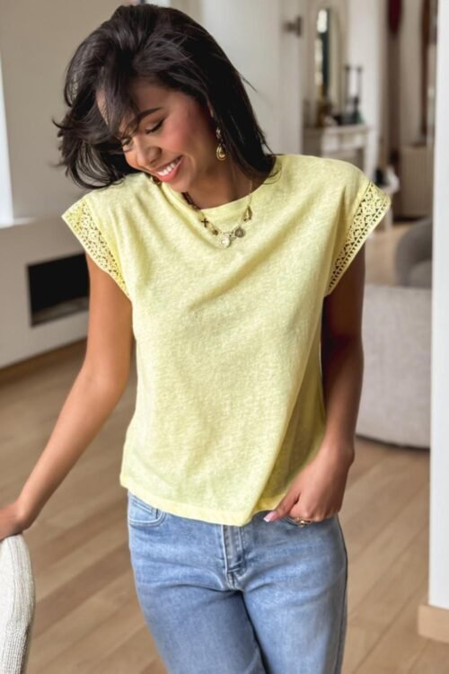 T Shirts | Women Yellow Cream Lace Patchwork Cap Sleeve Round Neck Top