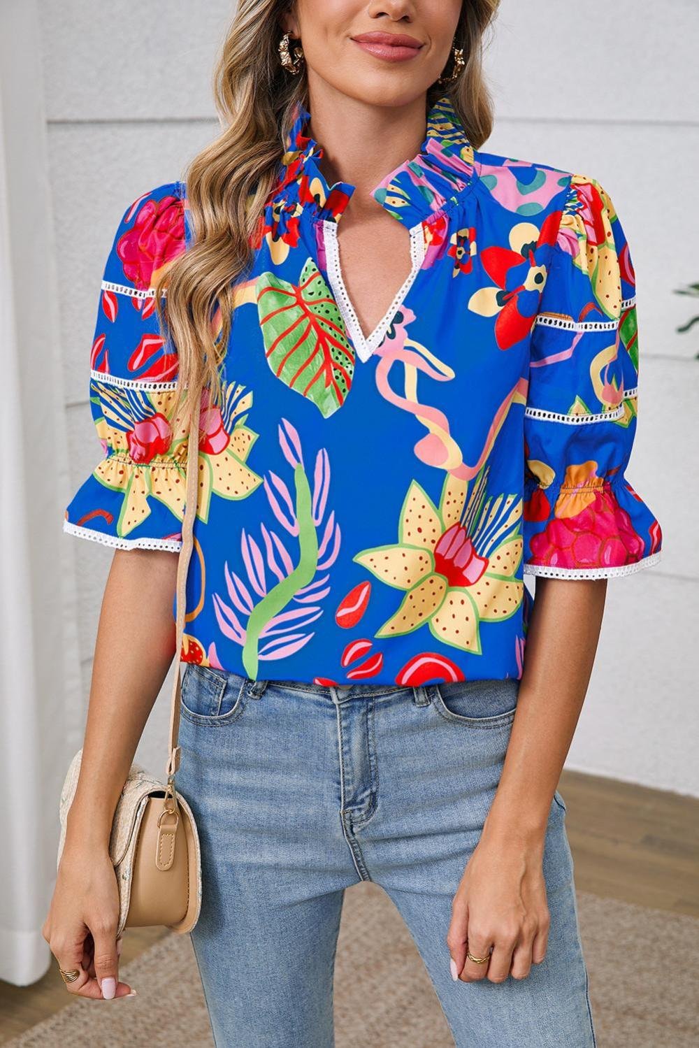 Blouses | Women Blue Frill V-Neck Abstract Print Blouse