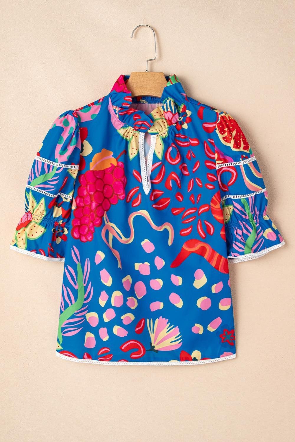 Blouses | Women Blue Frill V-Neck Abstract Print Blouse
