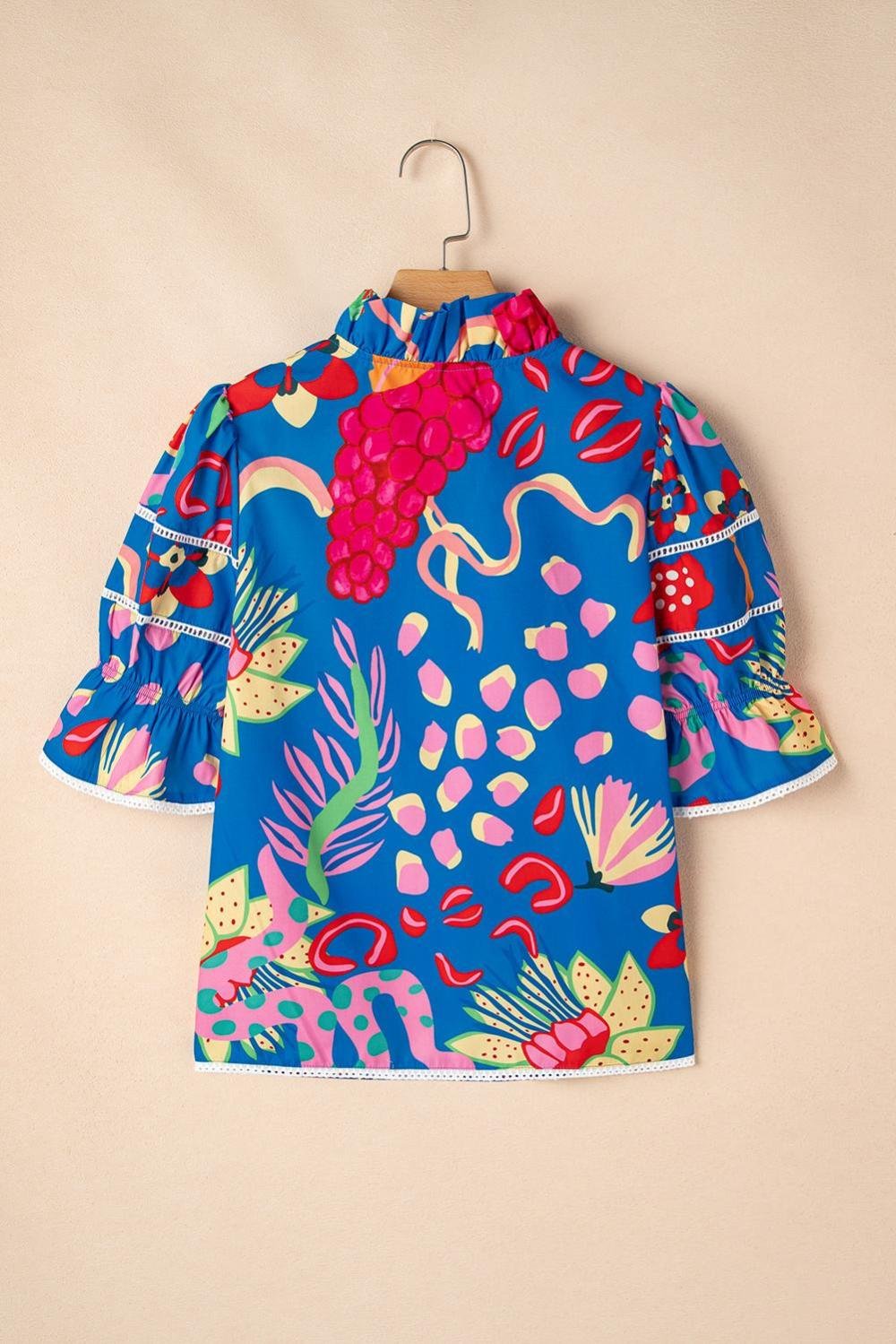 Blouses | Women Blue Frill V-Neck Abstract Print Blouse