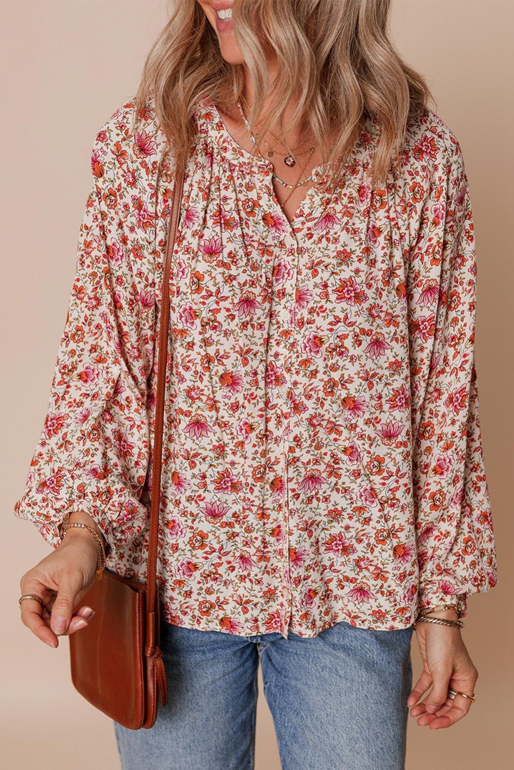 Blouses | Women Red Floral Print Pleated Detail Notched Neck Puff Sleeve Blouse