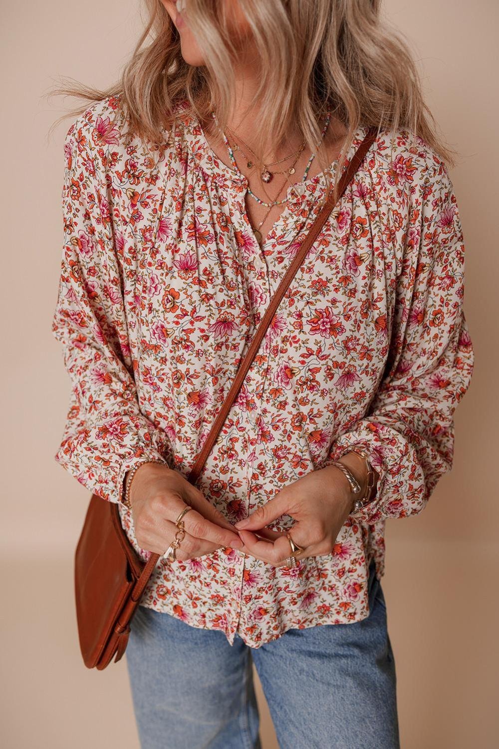 Blouses | Women Red Floral Print Pleated Detail Notched Neck Puff Sleeve Blouse