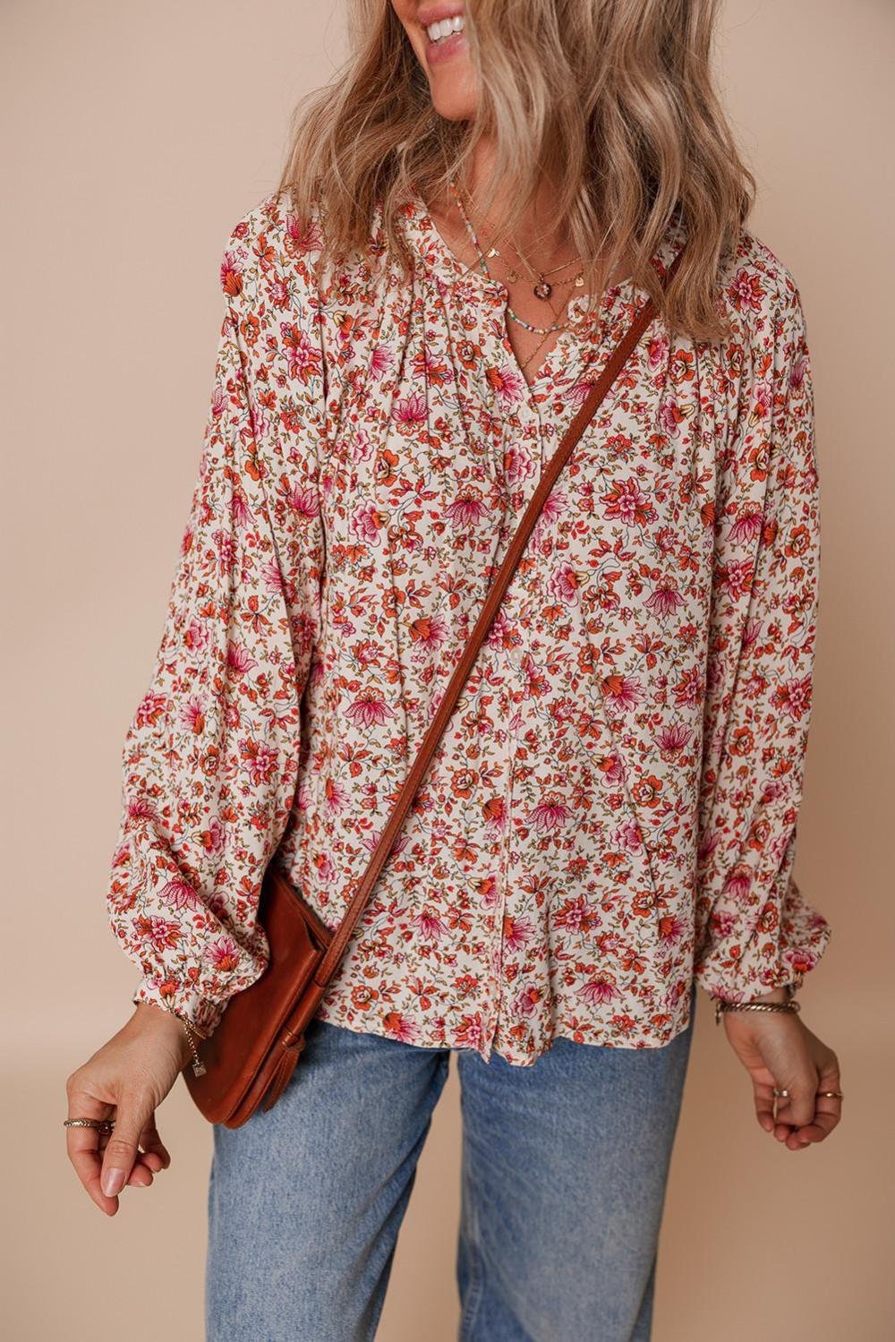 Blouses | Women Red Floral Print Pleated Detail Notched Neck Puff Sleeve Blouse