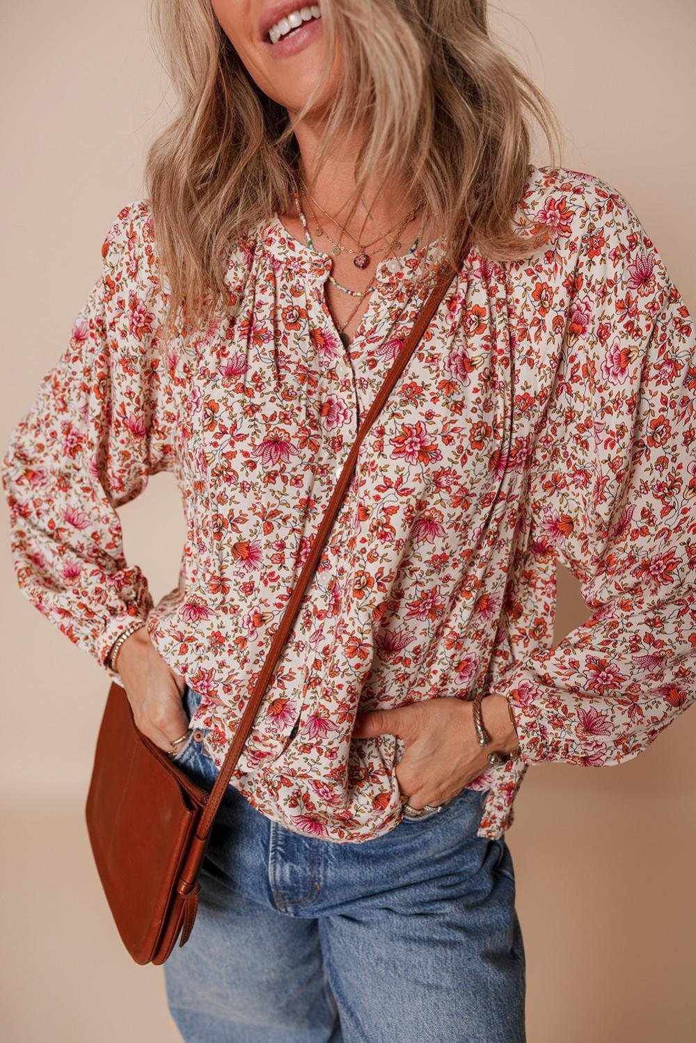 Blouses | Women Red Floral Print Pleated Detail Notched Neck Puff Sleeve Blouse