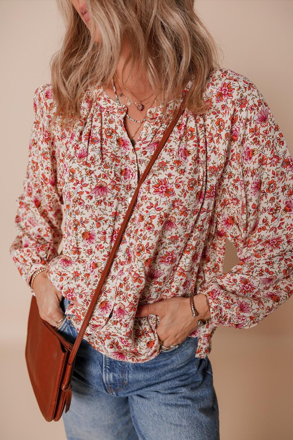 Blouses | Women Red Floral Print Pleated Detail Notched Neck Puff Sleeve Blouse