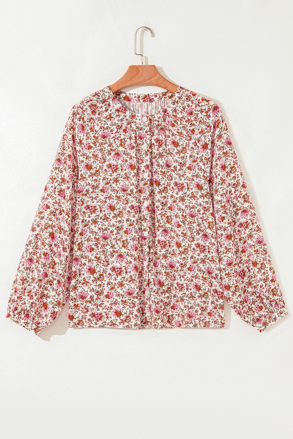 Blouses | Women Red Floral Print Pleated Detail Notched Neck Puff Sleeve Blouse