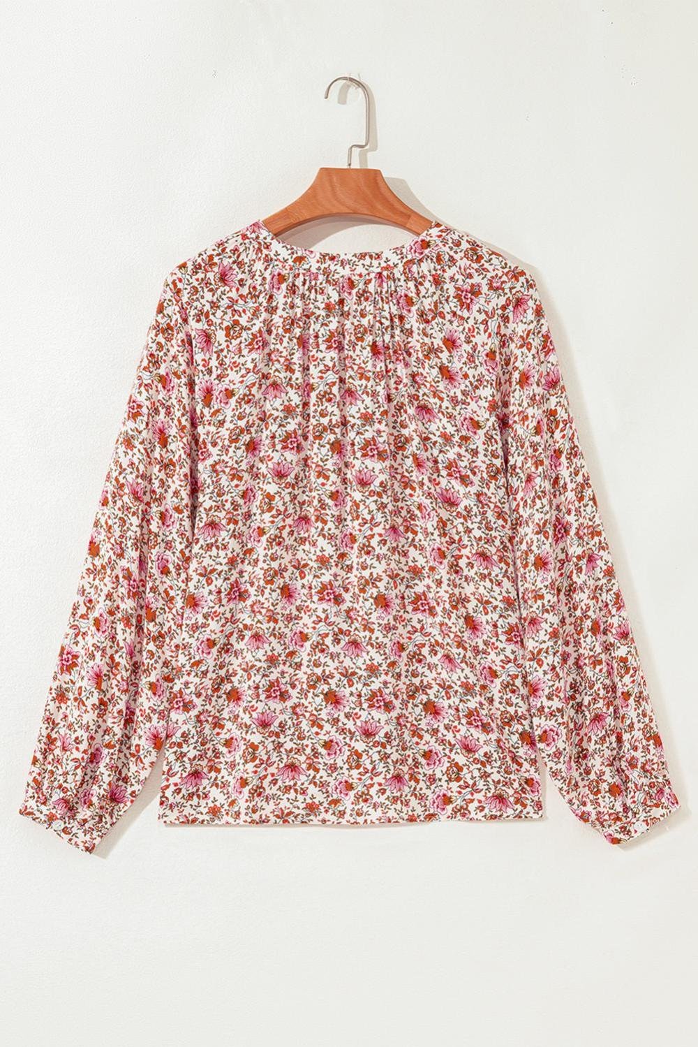 Blouses | Women Red Floral Print Pleated Detail Notched Neck Puff Sleeve Blouse